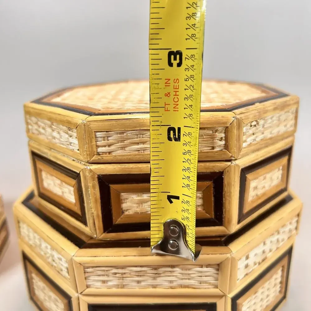 Vintage Bamboo Wicker Hexagon 3 Nesting Jewelry Trinket Boxes- EUC